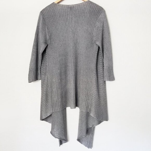 Eileen Fisher Linen Silk Blend Rib Knit Open Front Waterfall‎ Cardigan M Gray - Picture 3 of 16